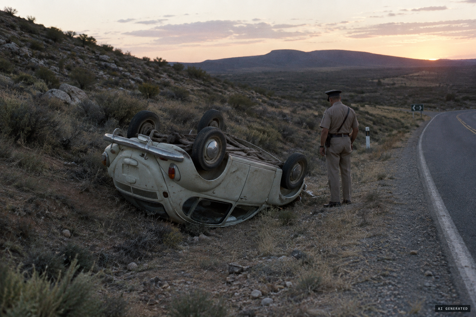 Good Friday 1968: the overturned Beetle near the Barandas turnoff