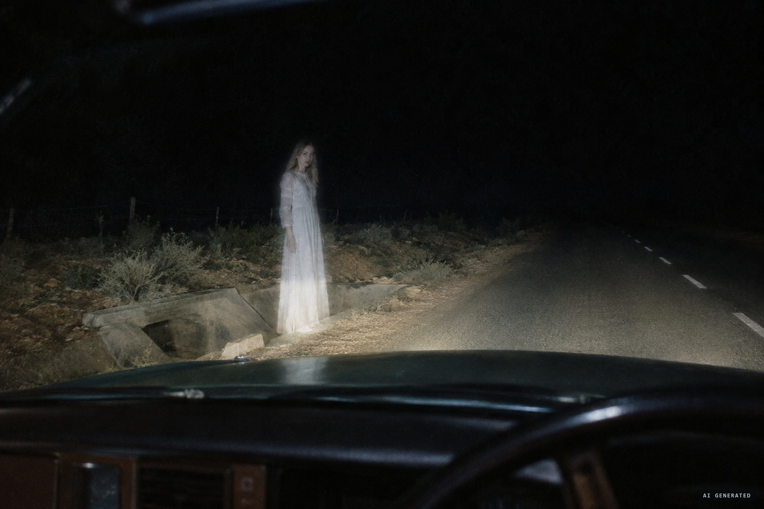 A see-through girl in a white gown on a storm-water drain