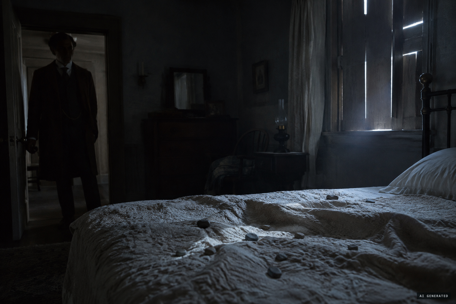 Stones set gently on the bed and a dim moving light