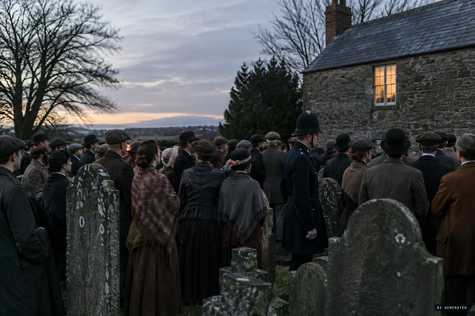Thousands crowd the churchyard to watch the house