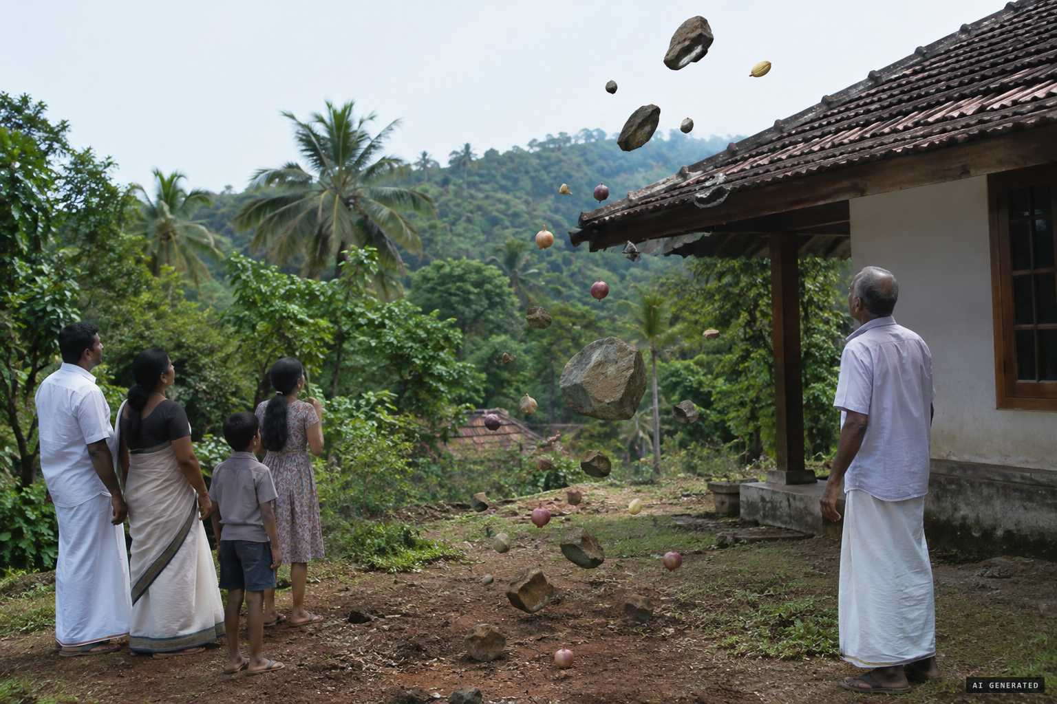 Stones rise from the ground, with onions and jackfruit seeds among them