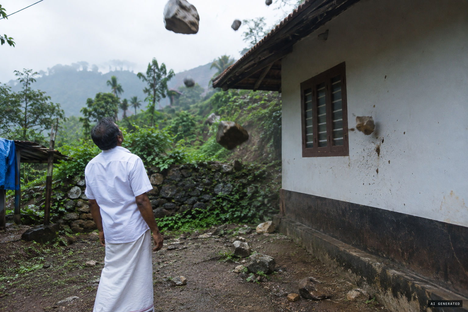 The panchayat president watches stones going up and coming down