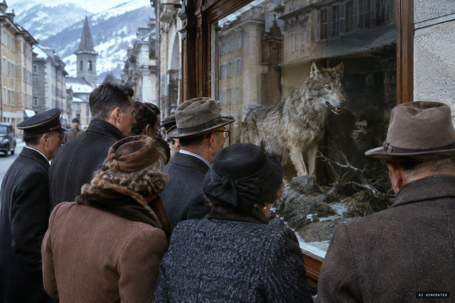 The wolf is shown for a day in a shop window in Sion.