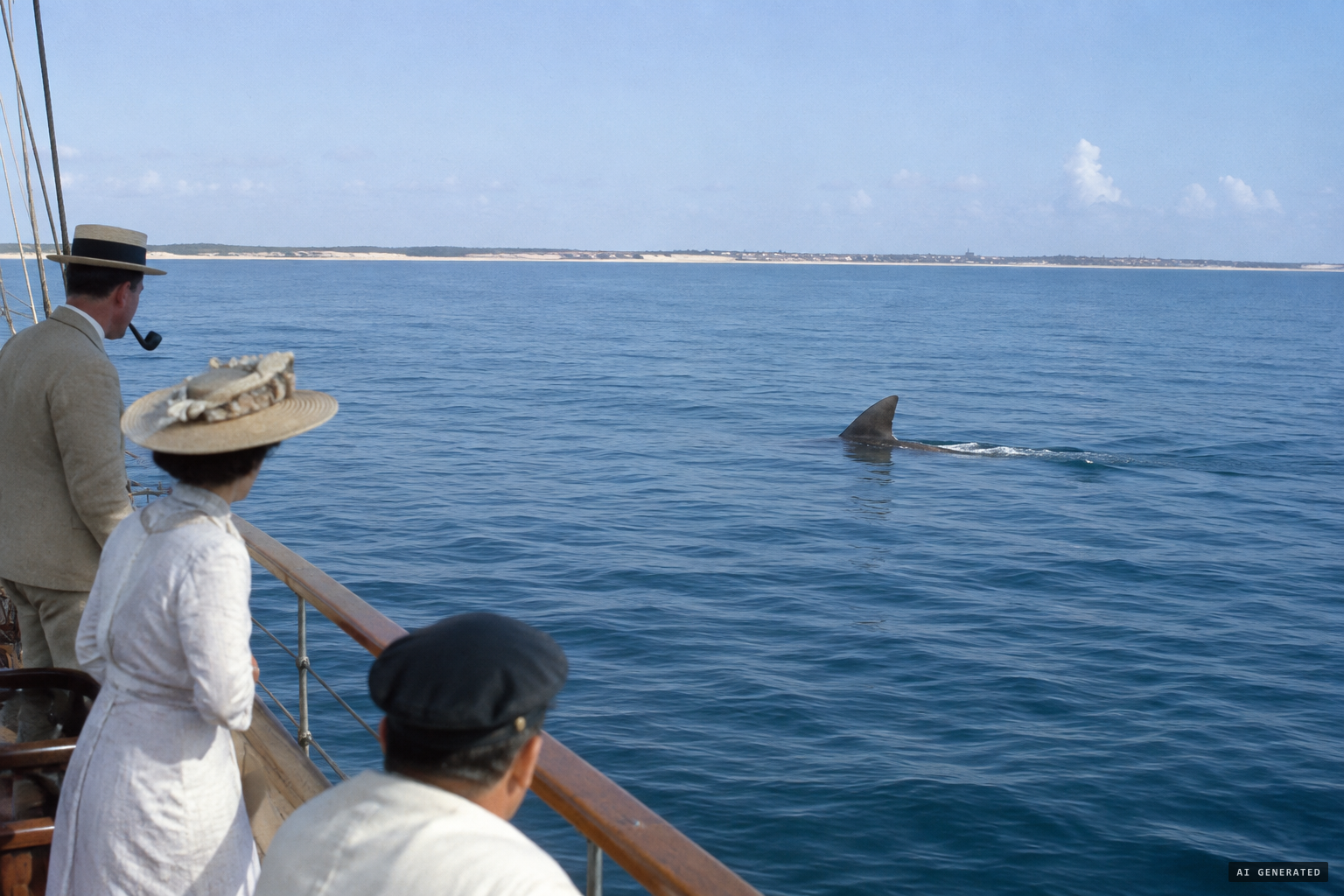 A brownish-black fin, like a giant piece of ribbon-seaweed, breaks the surface