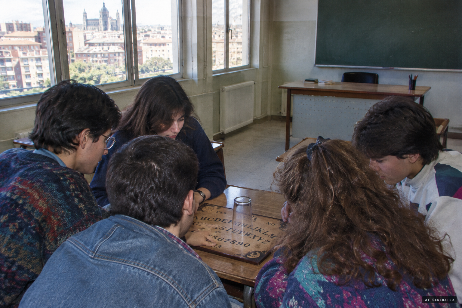 Estefanía and classmates use a Ouija board while the teacher is out