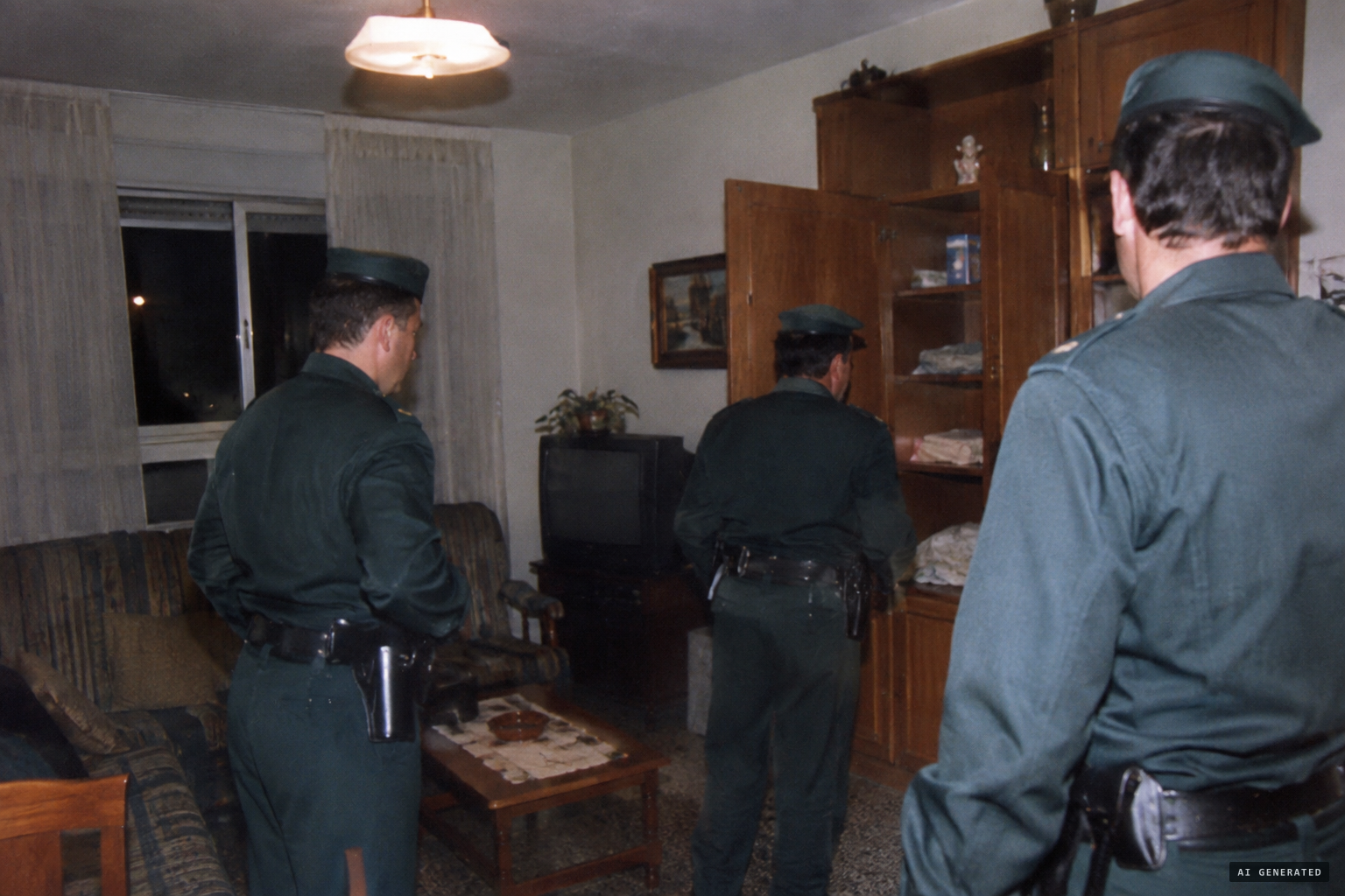 A closed cabinet door opens suddenly before the officers