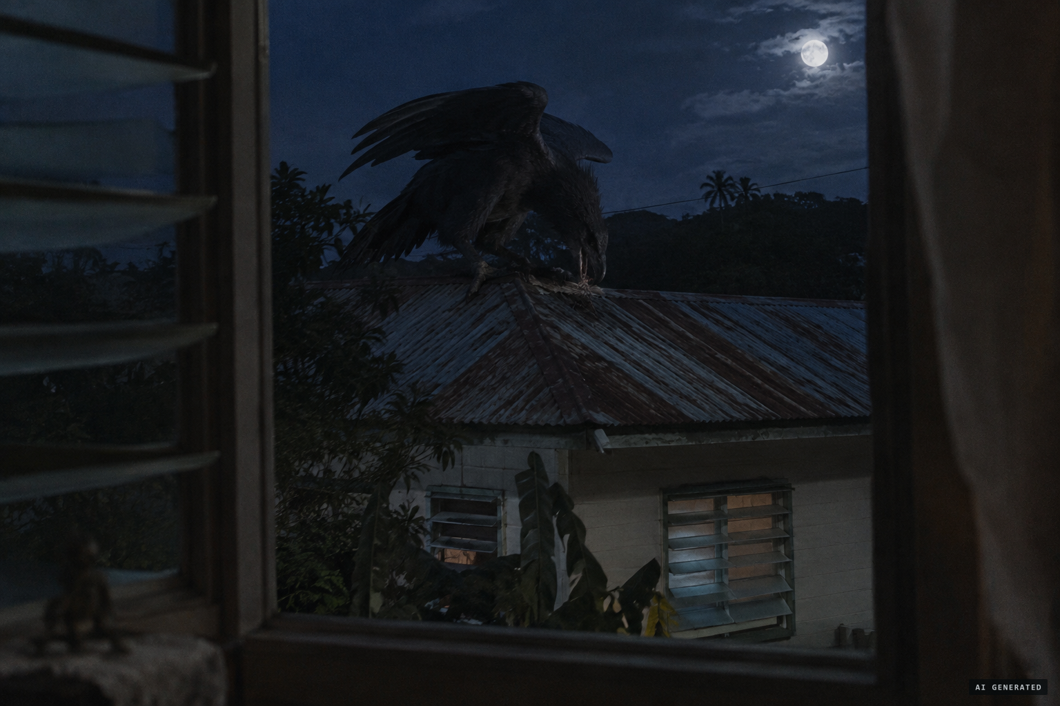 A strange animal lands on María Acevedo's zinc rooftop