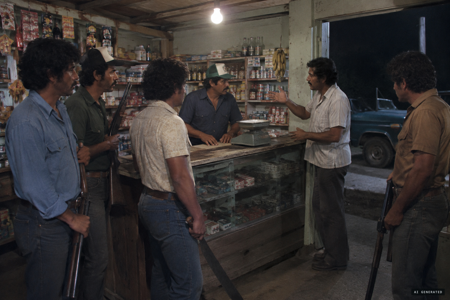 Armed residents gather at a shop in Rocha as a neighbour describes the vampire