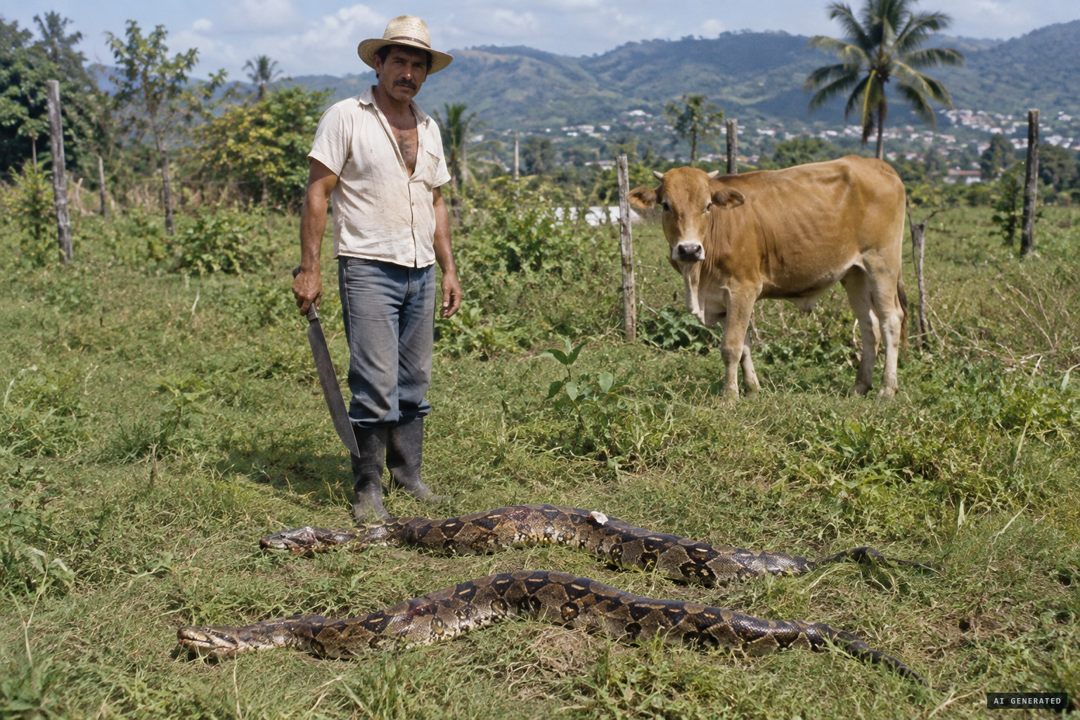 Farmer Luis Torres kills two boas attacking a heifer