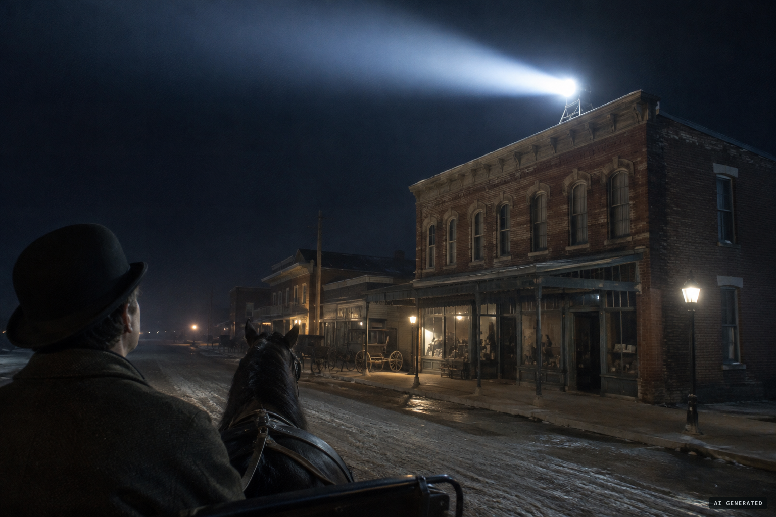 U.G. Griffith sees what looks like an electric searchlight on the Mather and Gregg's building