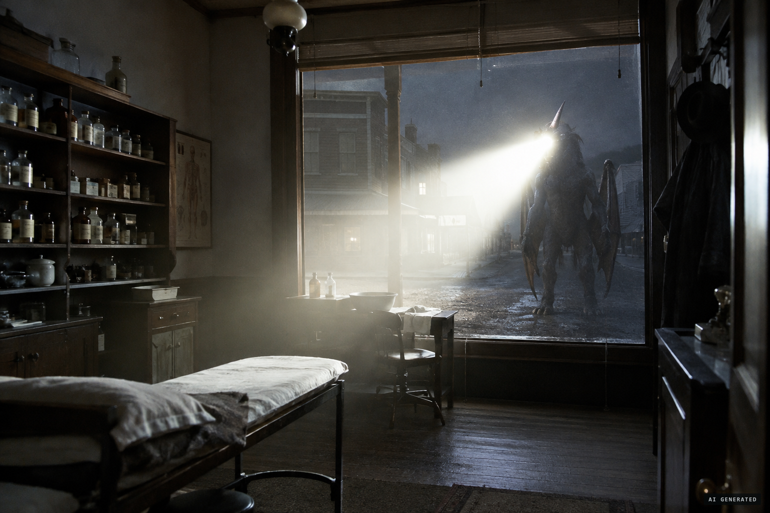 Dr. A.C. Alcott is woken by a creature whose horn throws a blinding light
