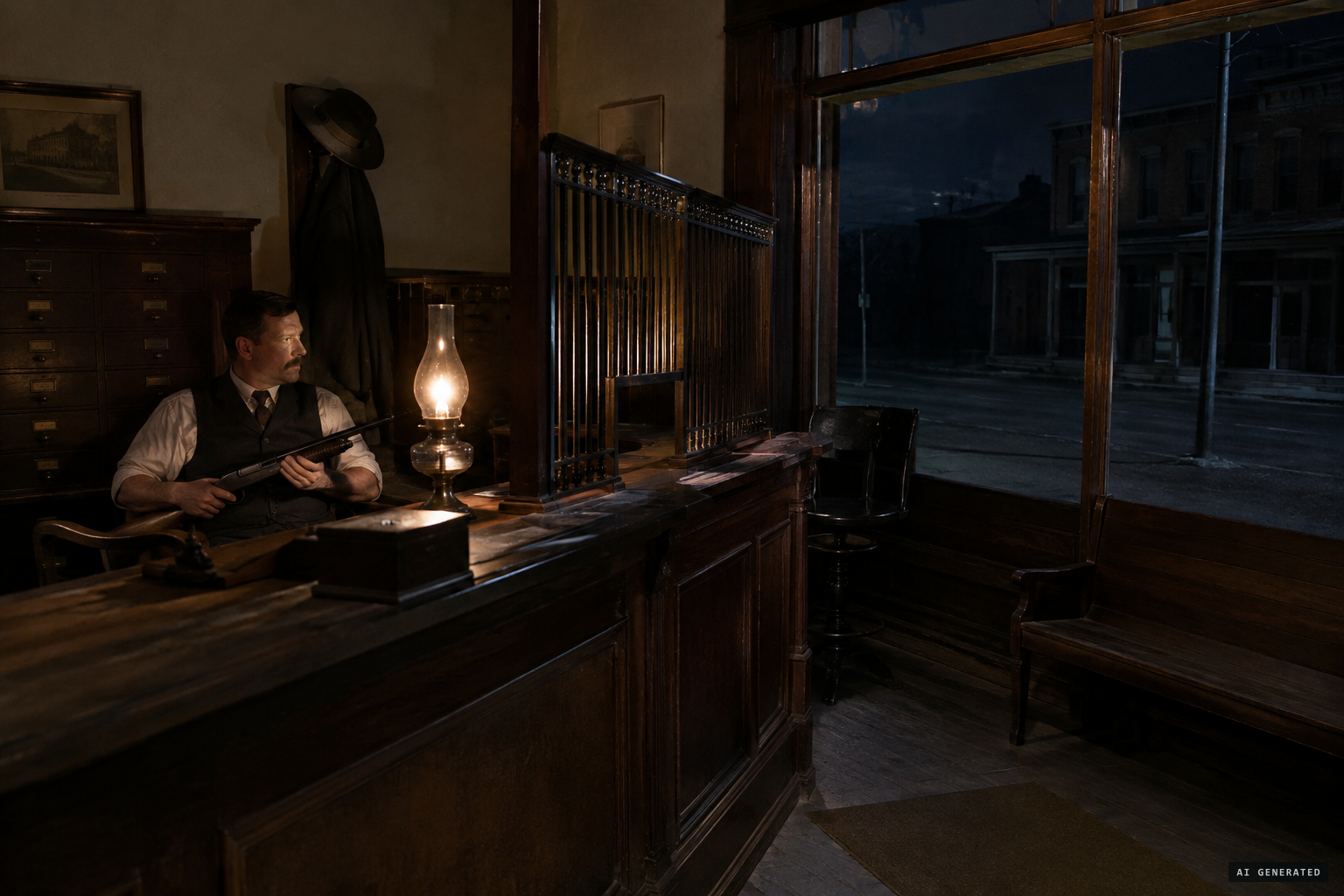 Cashier Dunn sits up in the bank with a repeating shotgun