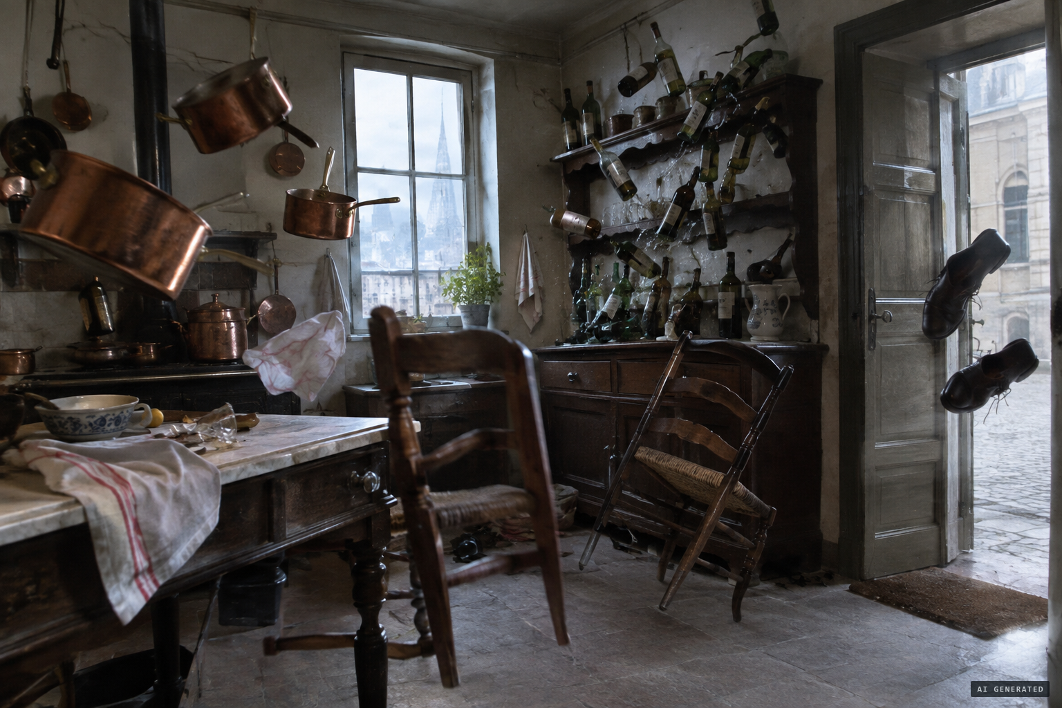 Furniture and saucepans begin to dance; shoes fly out of the kitchen.