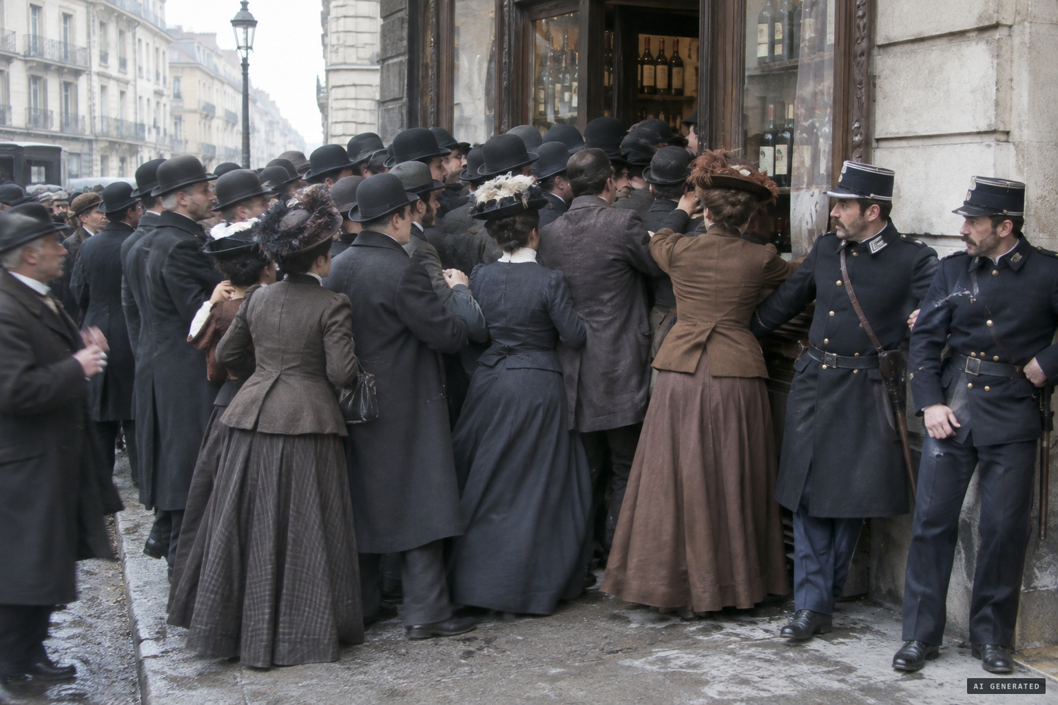 Crowds struggle to get in; the police are powerless.
