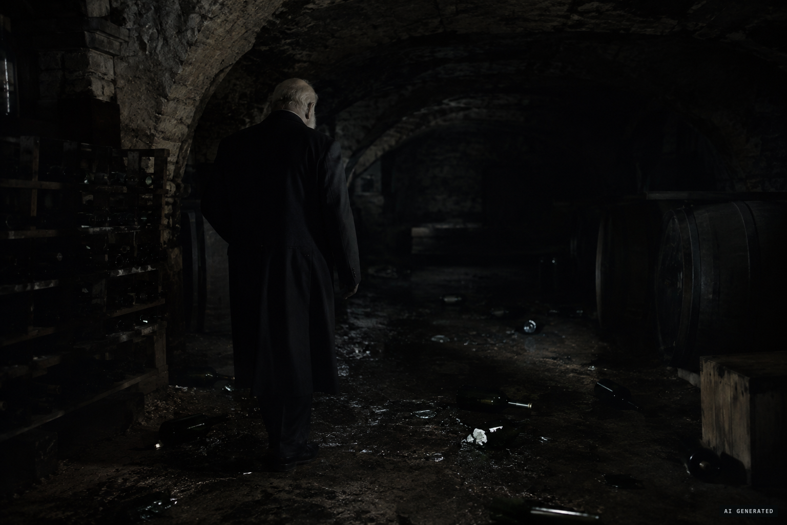 Lombroso in complete darkness hears bottles roll at his feet.