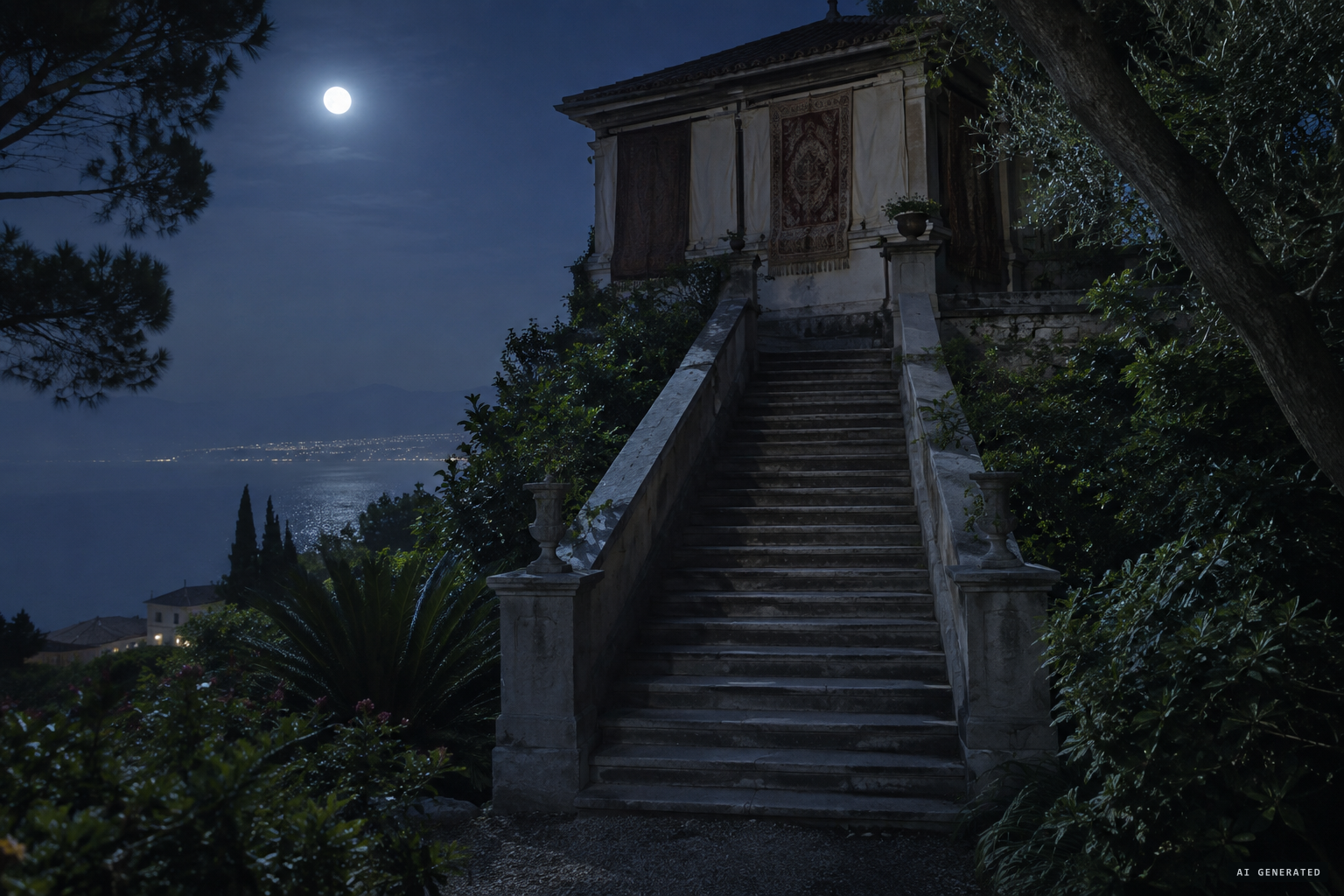 The stone staircase from the garden to the séance room