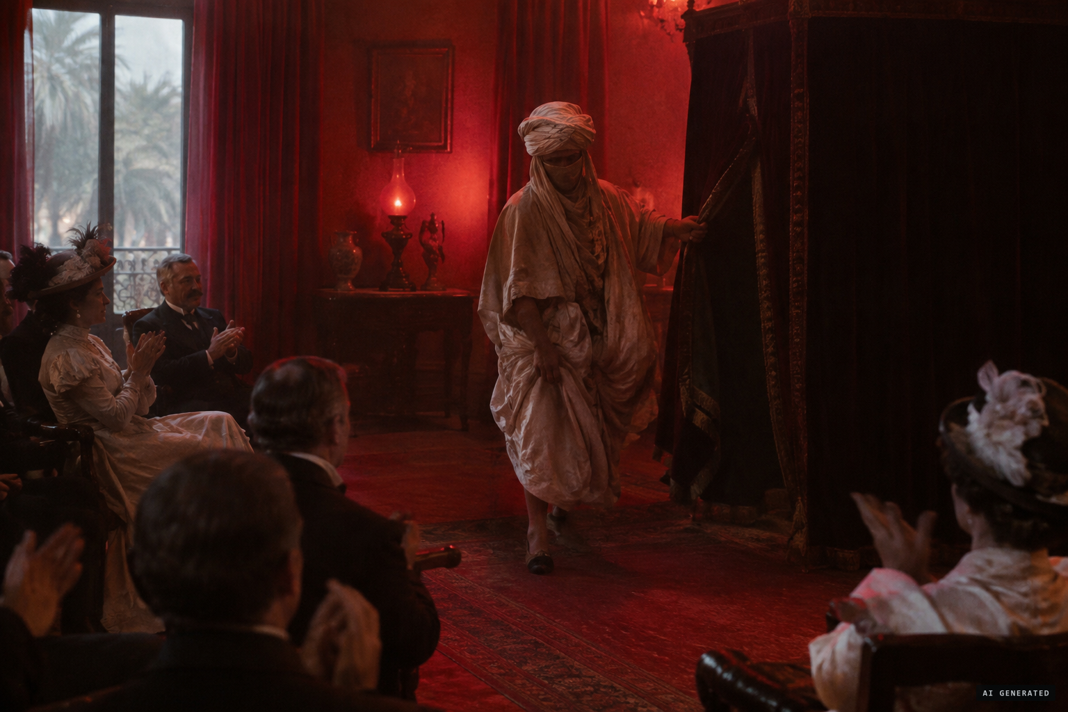 The figure limps forward and opens the curtain to applause