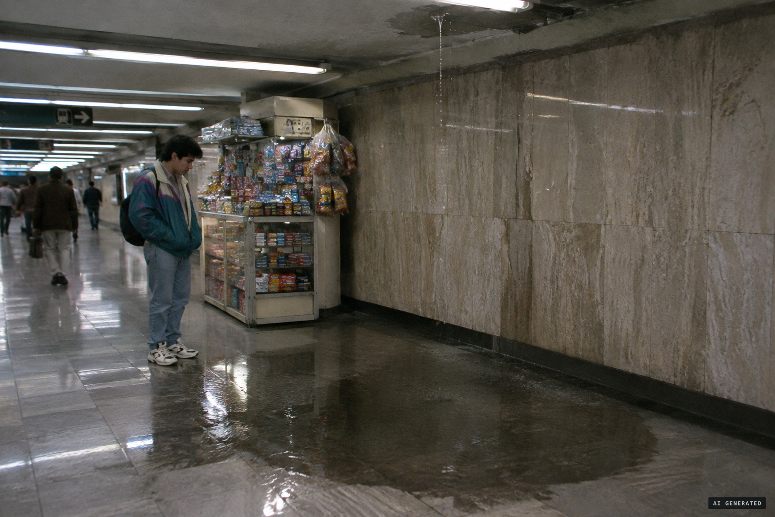On a rainy day, water leaks onto the corridor floor as Carlos Guevara watches