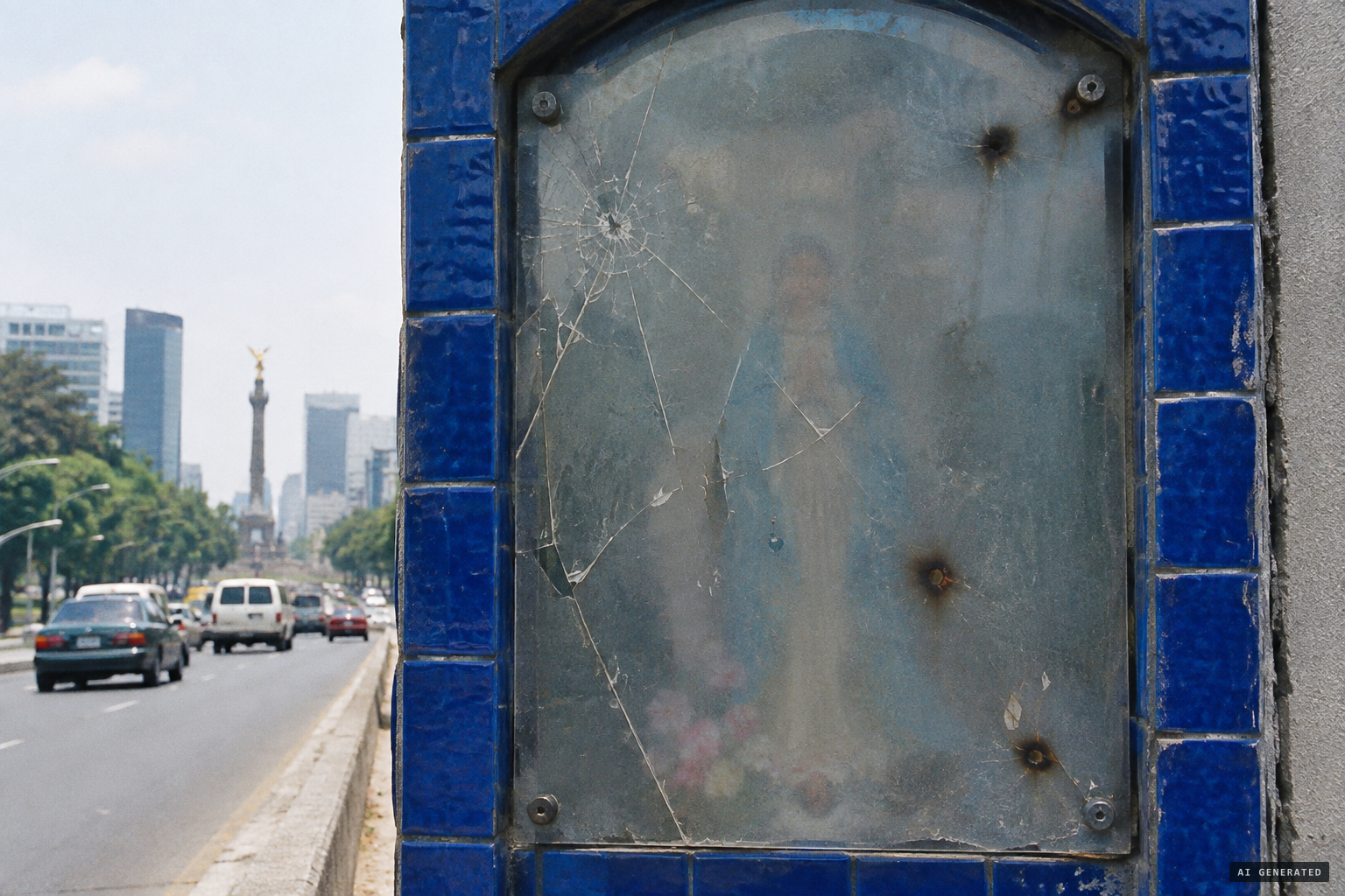 Cracked glass and clouded plastic over the shrine