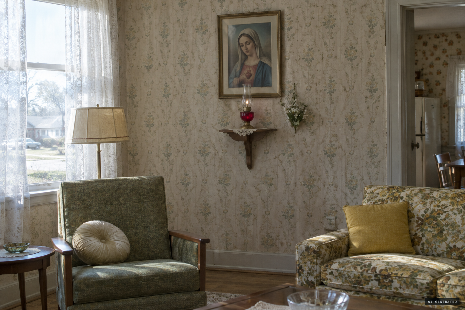 The paper lithograph of the Virgin Mary in the Catsounis home, a wedding gift from a Greek nun