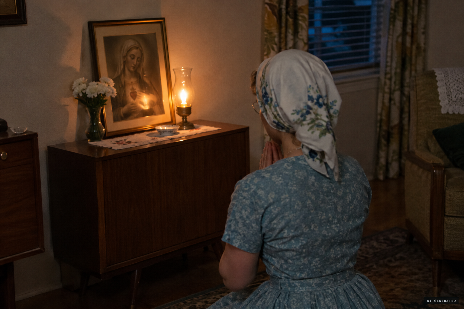 Pagona Catsounis praying before the image on March 16, 1960