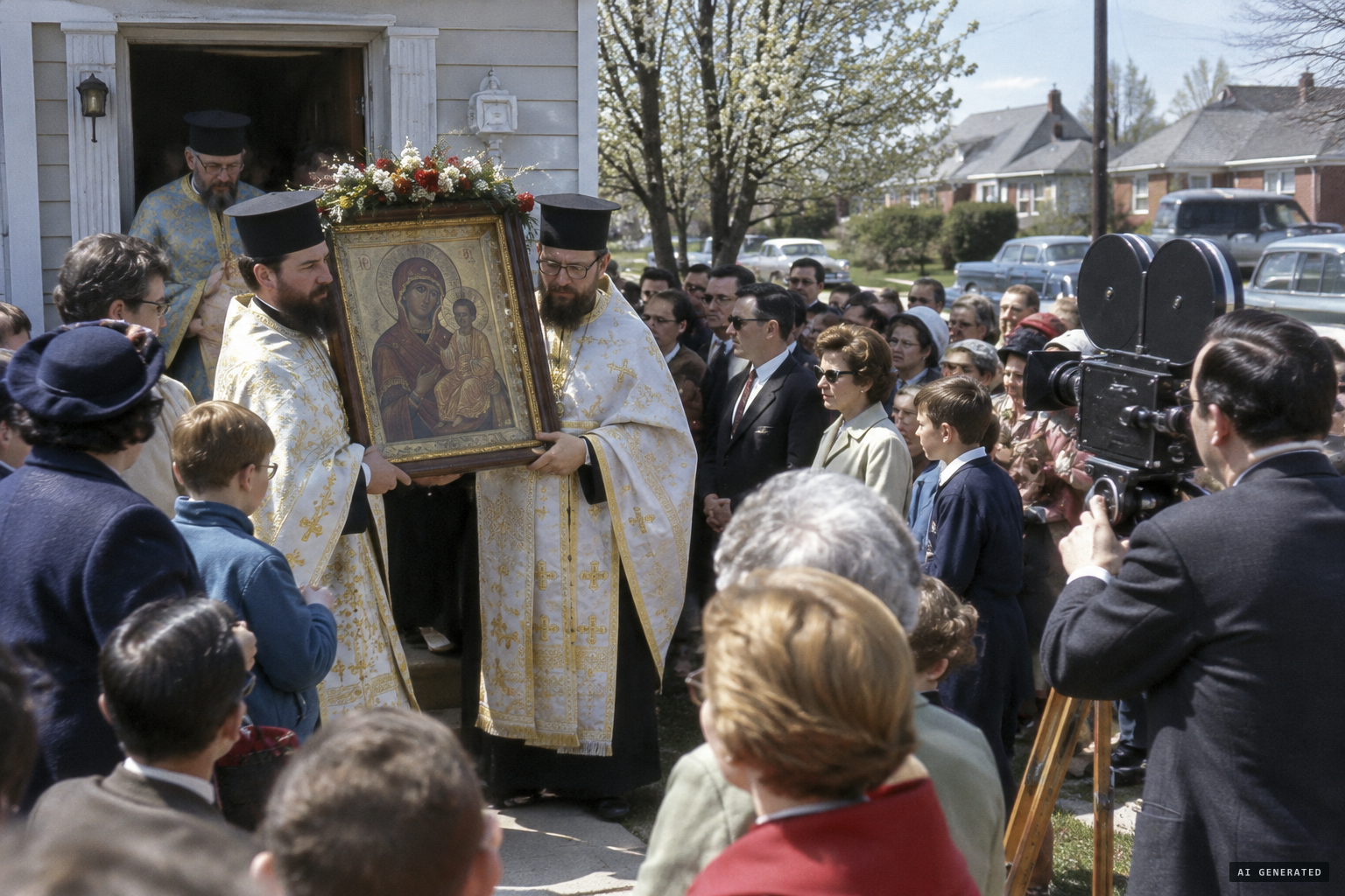 The icon carried out of the house before the newsreel cameras