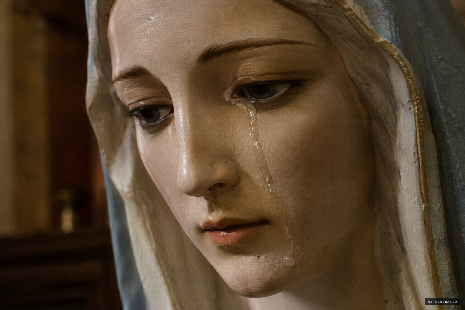 A tear swells in the right eye and runs toward the chin