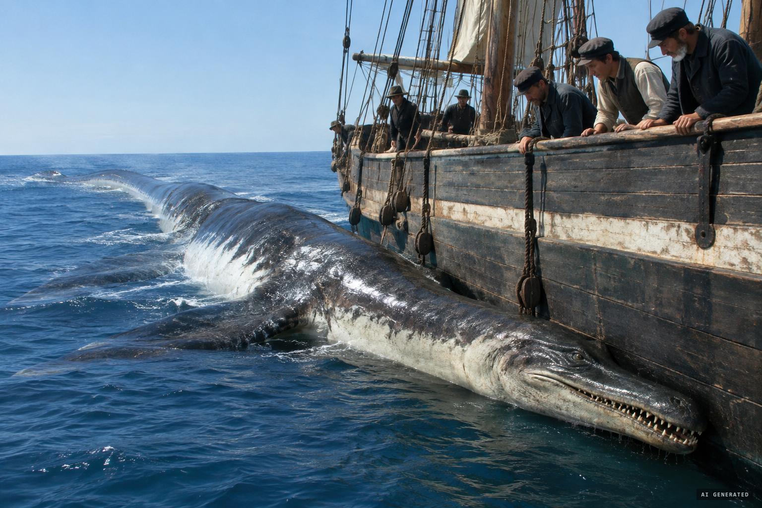 103 feet long, longer than the ship, with an alligator's head and 94 teeth