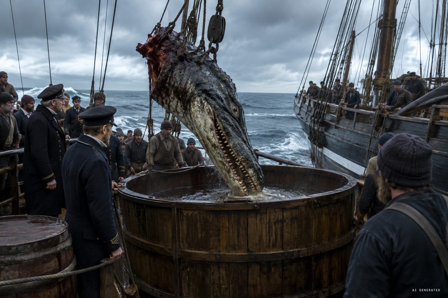 Later versions: a second ship witnesses, and the head goes into a pickling vat