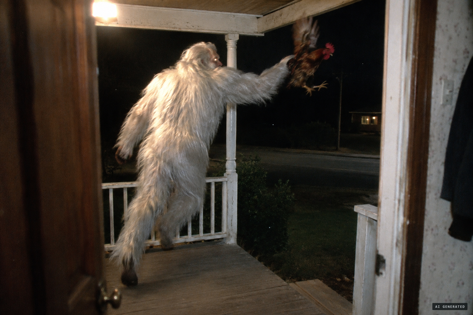 The creature drops the rooster and jumps off the porch