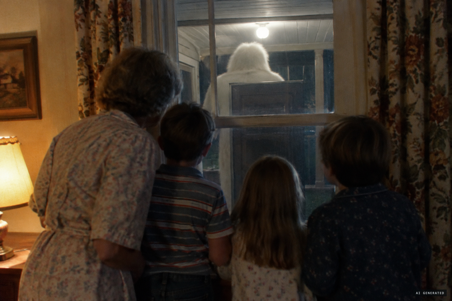 Anna Mae Saunders and the children see a big white, fuzzy thing on the porch