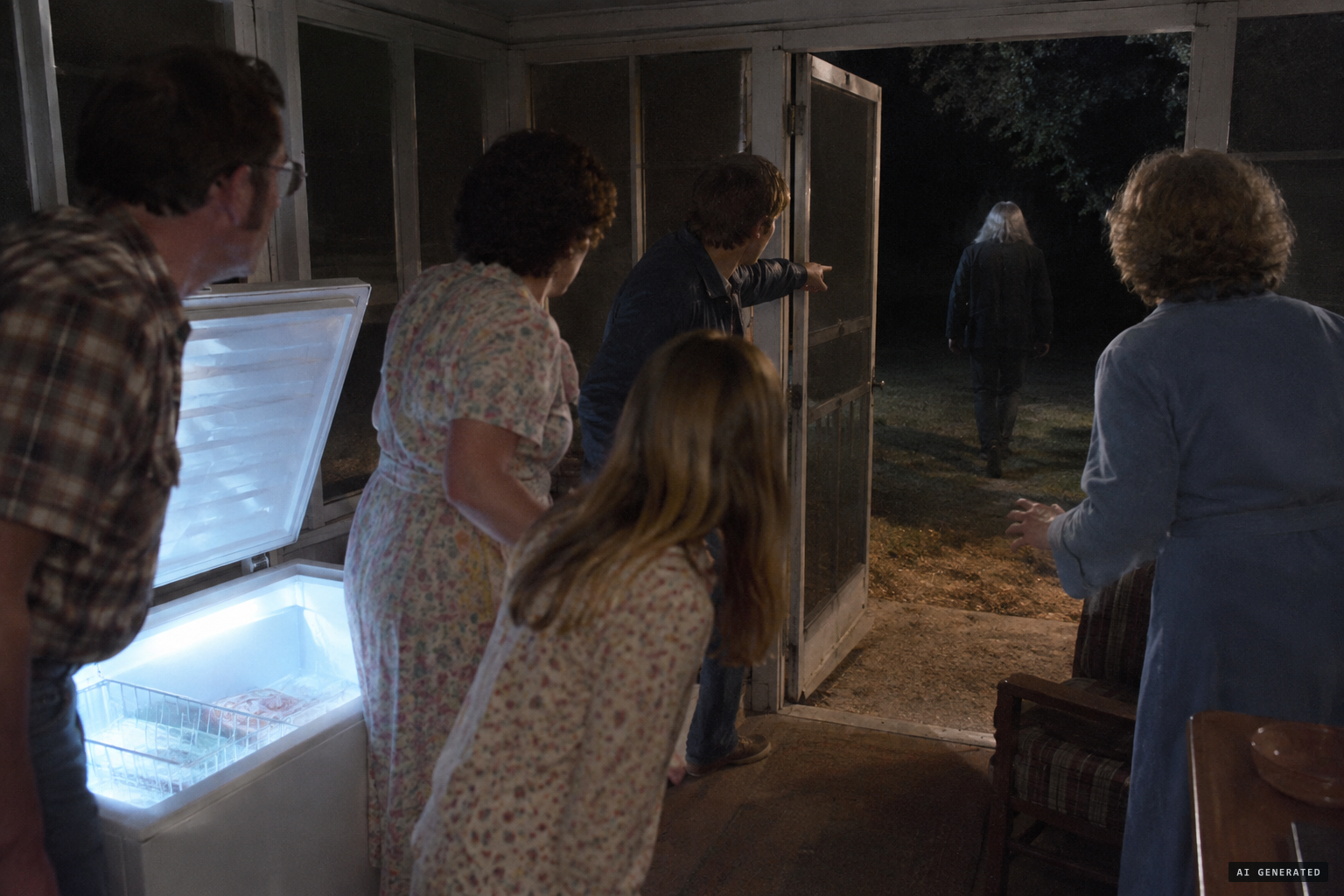 The Tumey family chases the creature from their enclosed porch