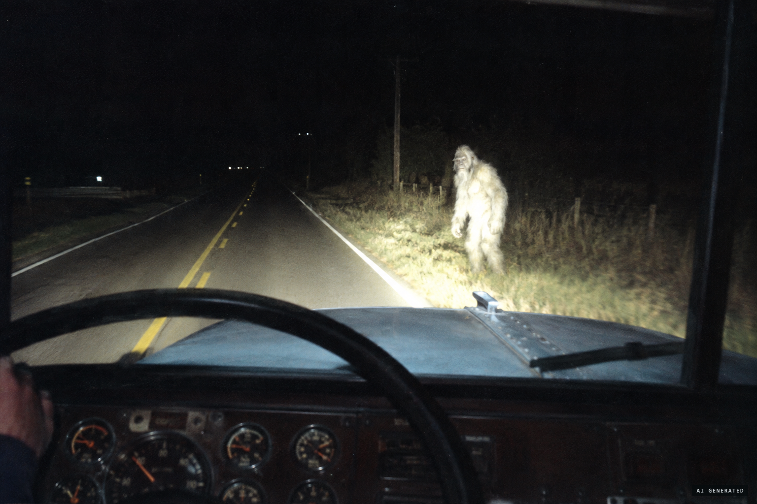 Truck driver Noble Clay's high beams catch a white-haired ape-like creature