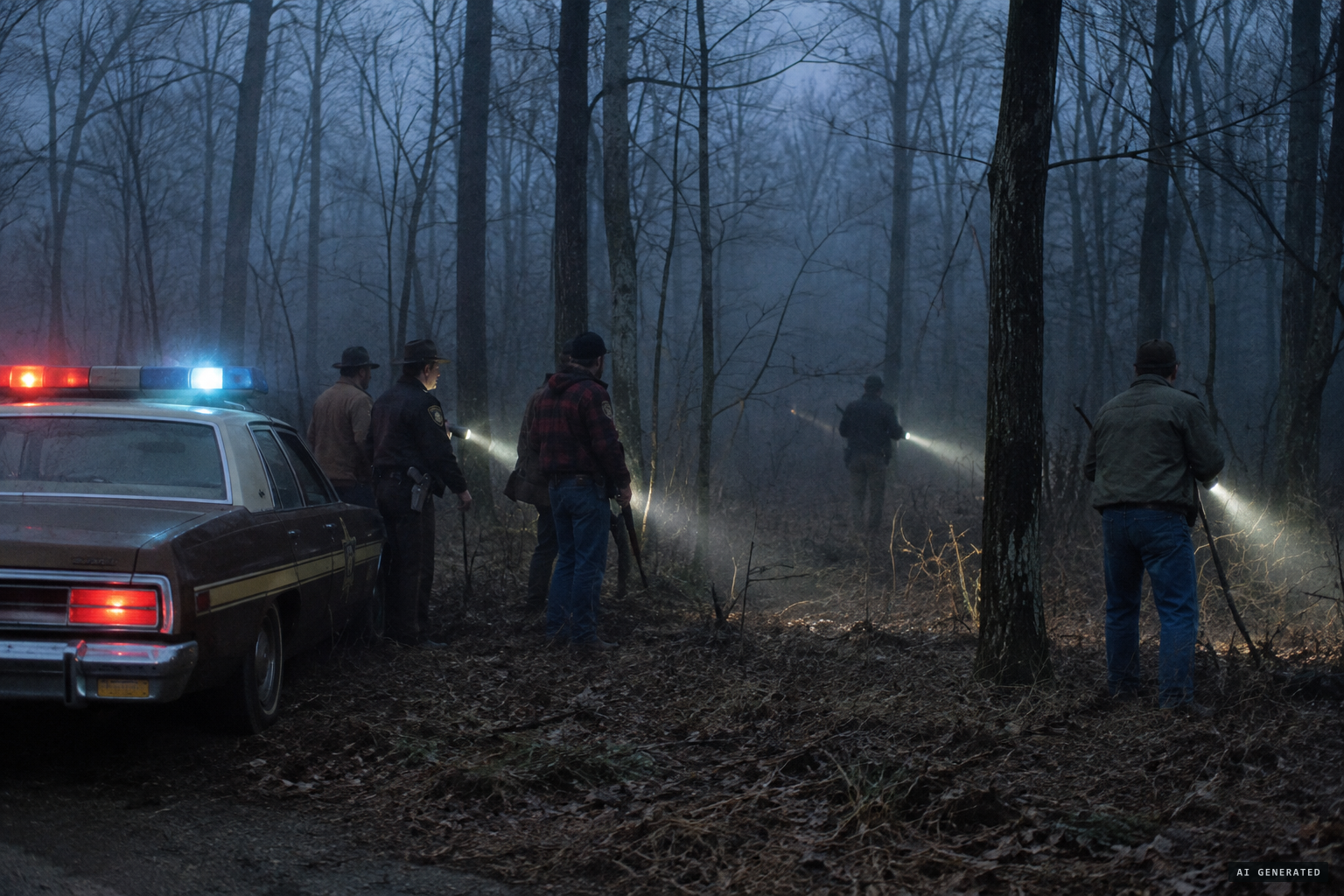 Police and neighbours search the woods into the early morning
