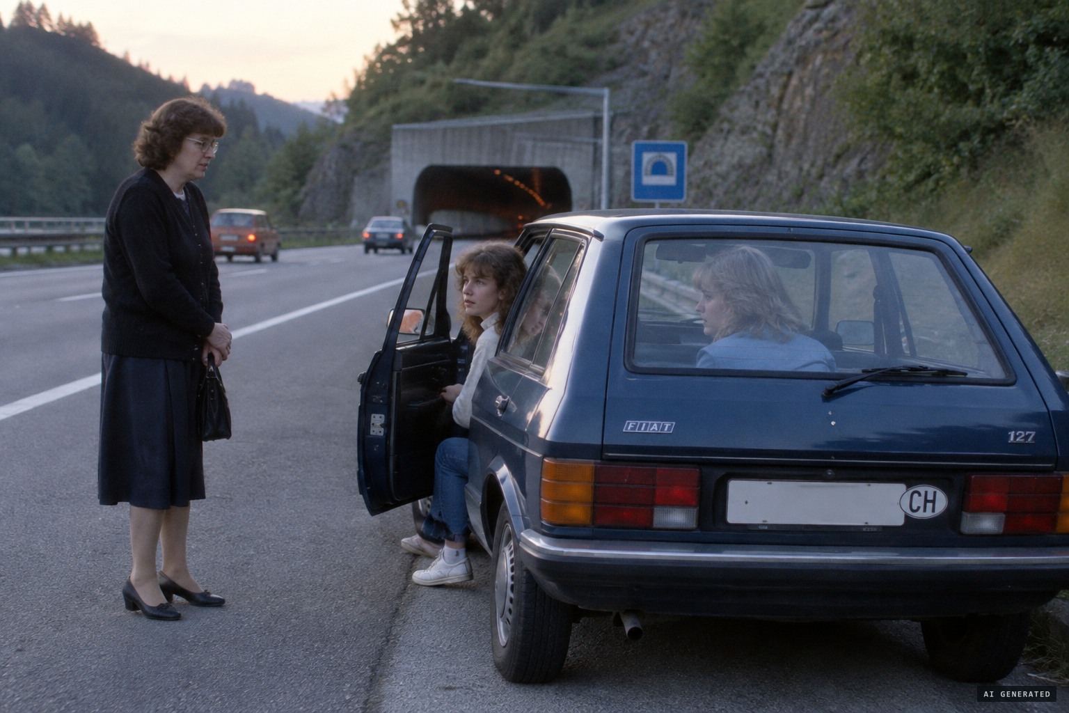 Two young women pick up a pale middle-aged hitchhiker