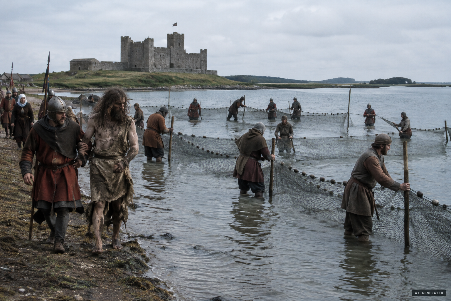 His keepers set three rows of strong nets across the water