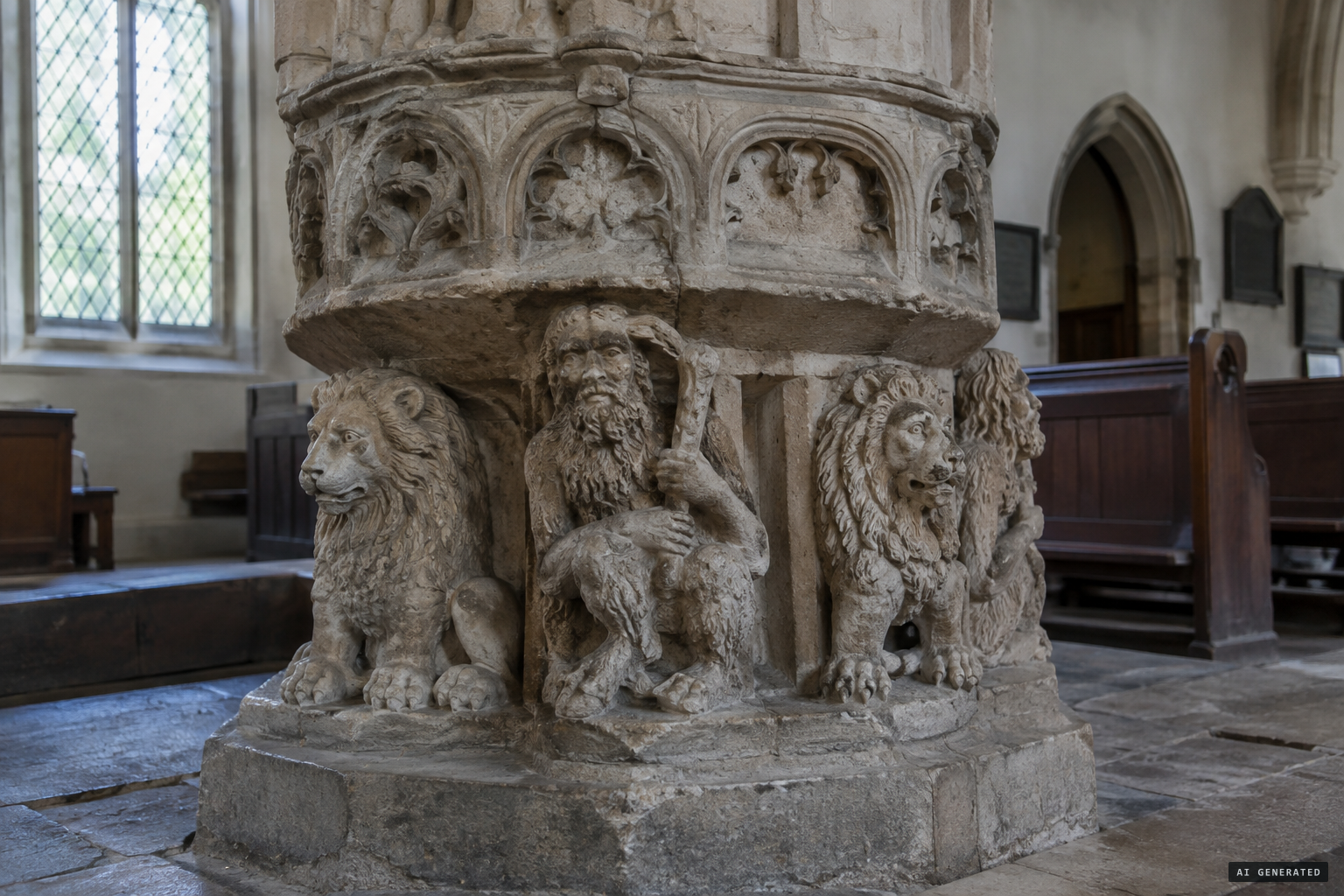 The 15th century font at Orford, ringed by lions and wild men