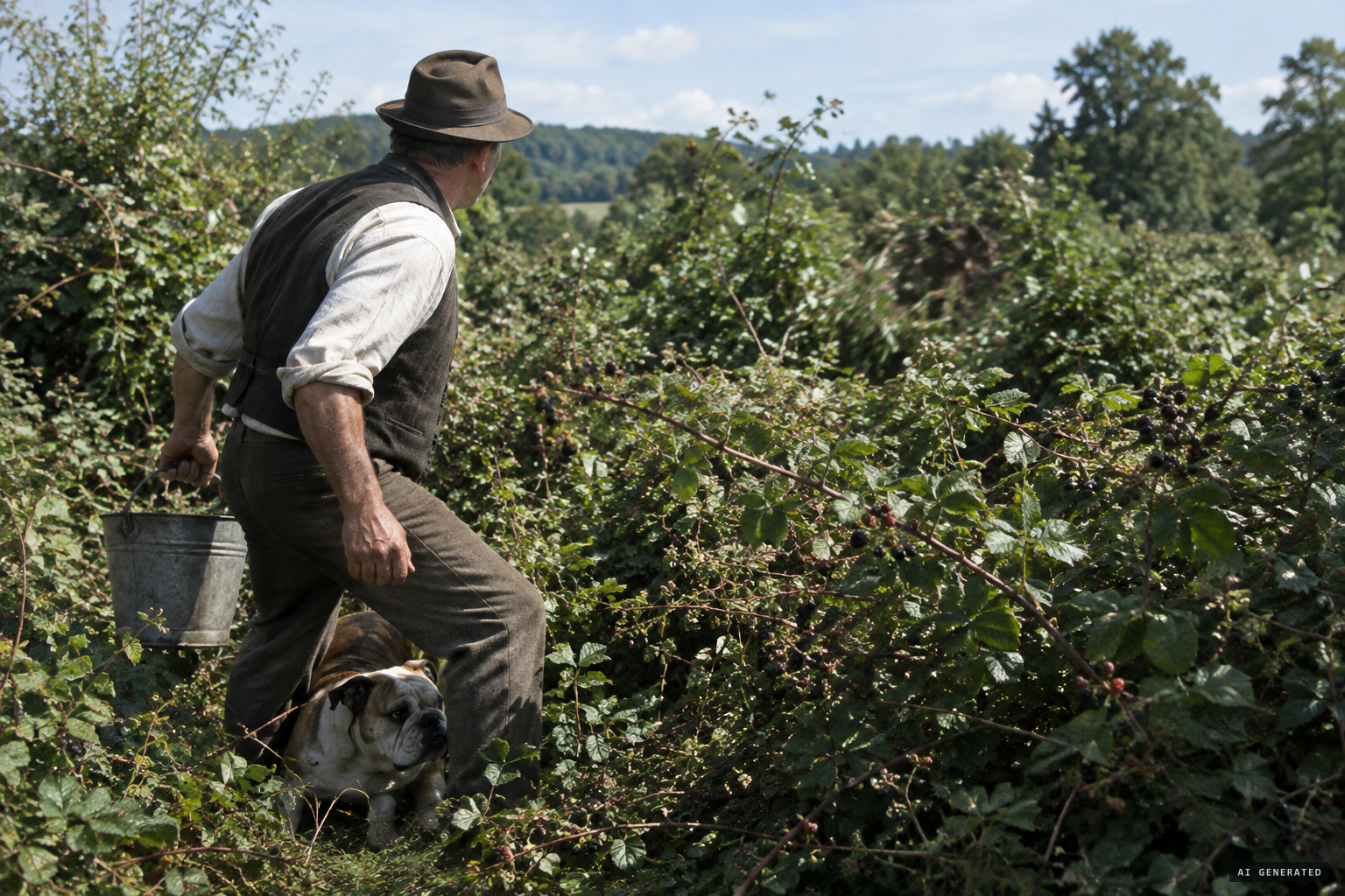 Riley Smith picking blackberries as his bulldog cowers between his legs