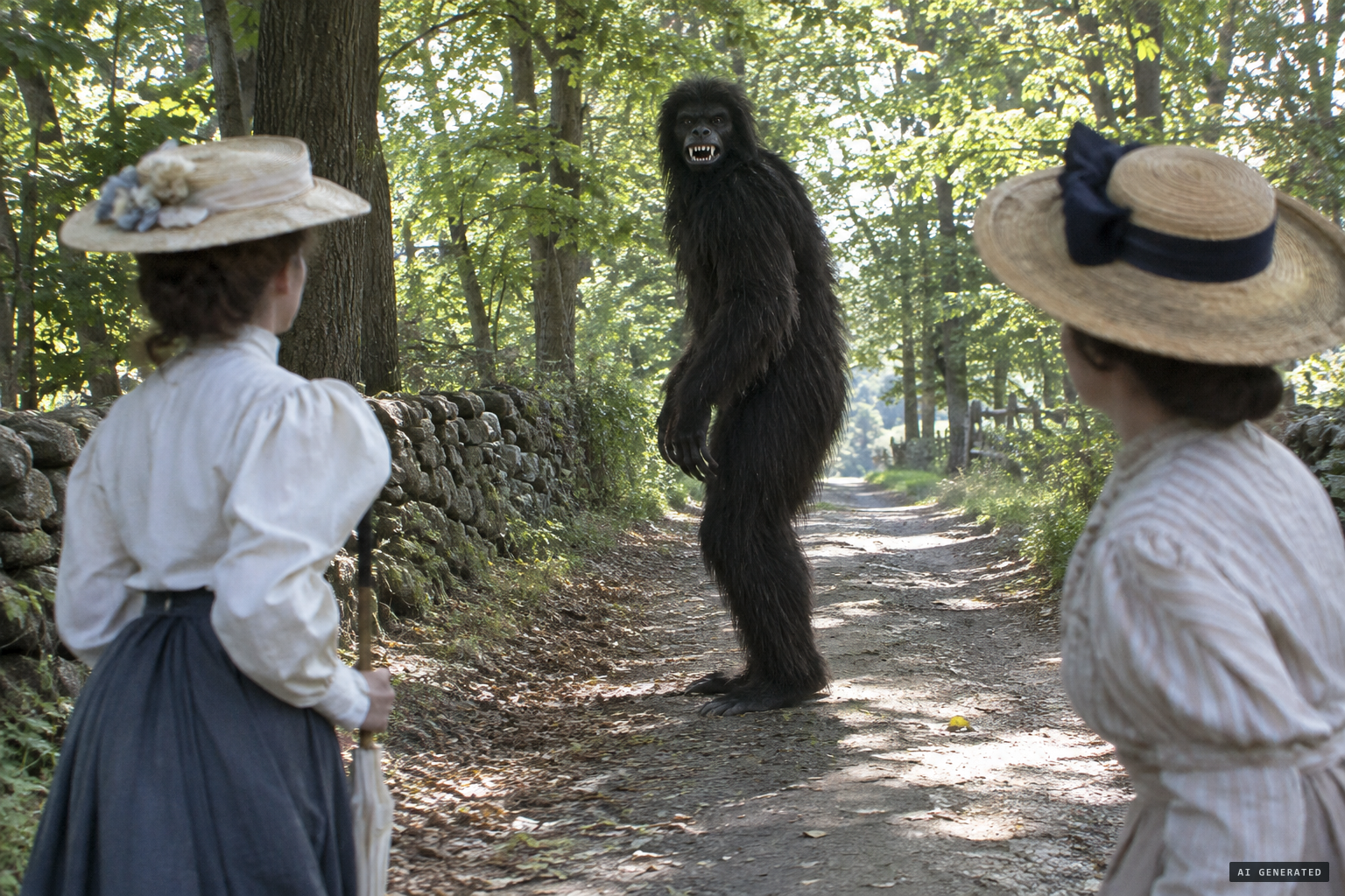 Two women from New York watch a large hairy animal rise on its hind legs and stare