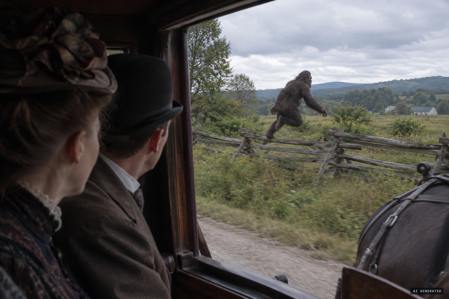 1891: coach passengers watch a two-legged creature leap a fence, years before Stone