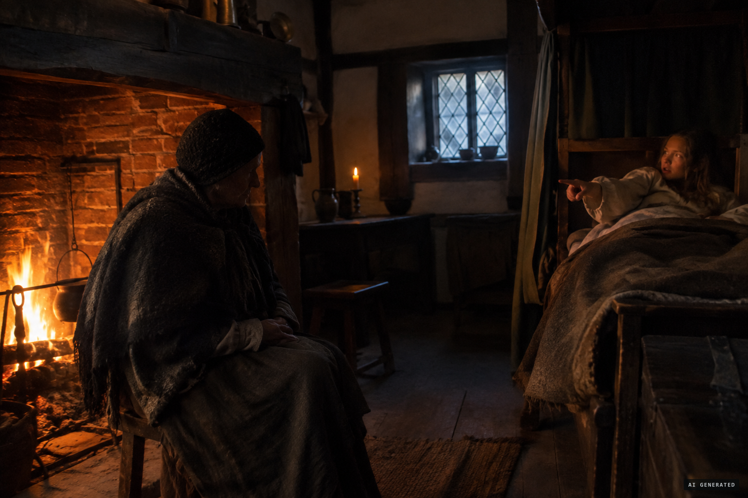 Alice Samuel sits by the chimney as Jane calls her a witch