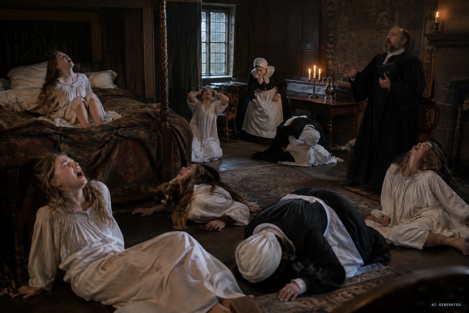 All five sisters and the servants stricken, shrieking at the parson's prayers