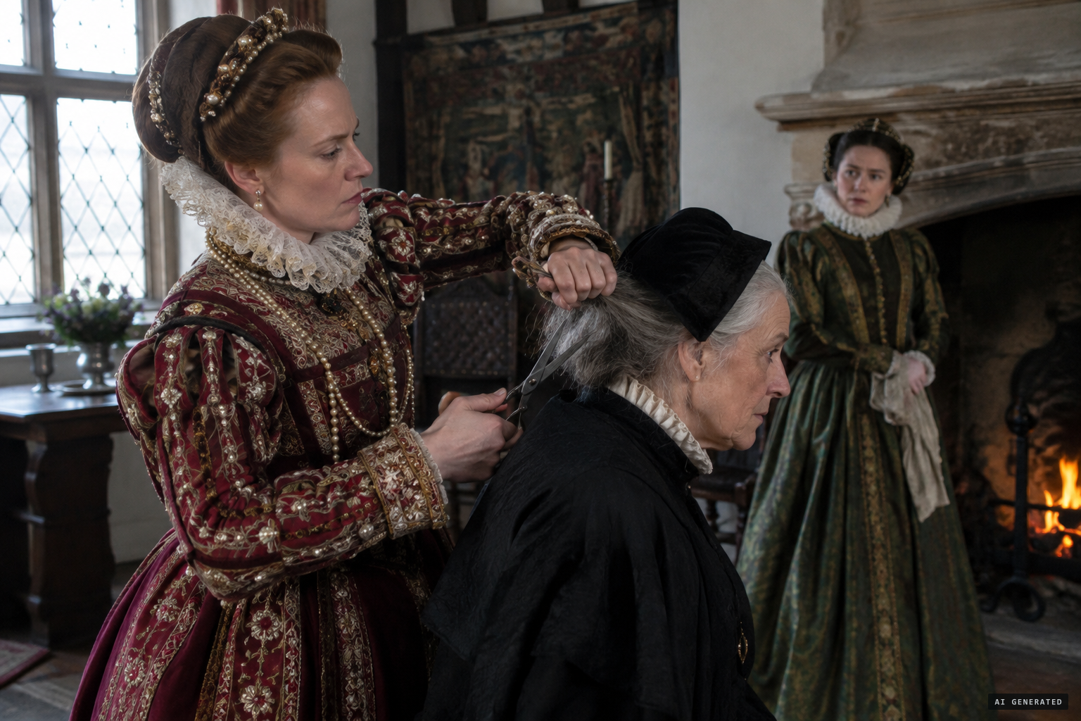 Lady Cromwell confronts Alice Samuel and cuts a lock of her hair