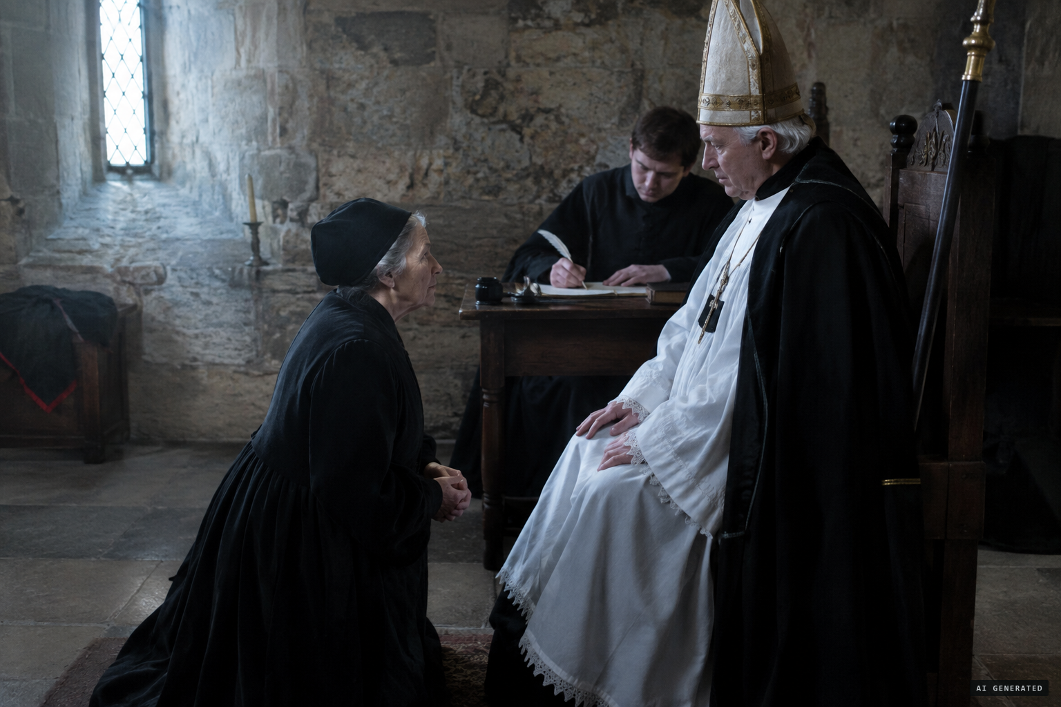 Alice Samuel confesses before the Bishop of Lincoln