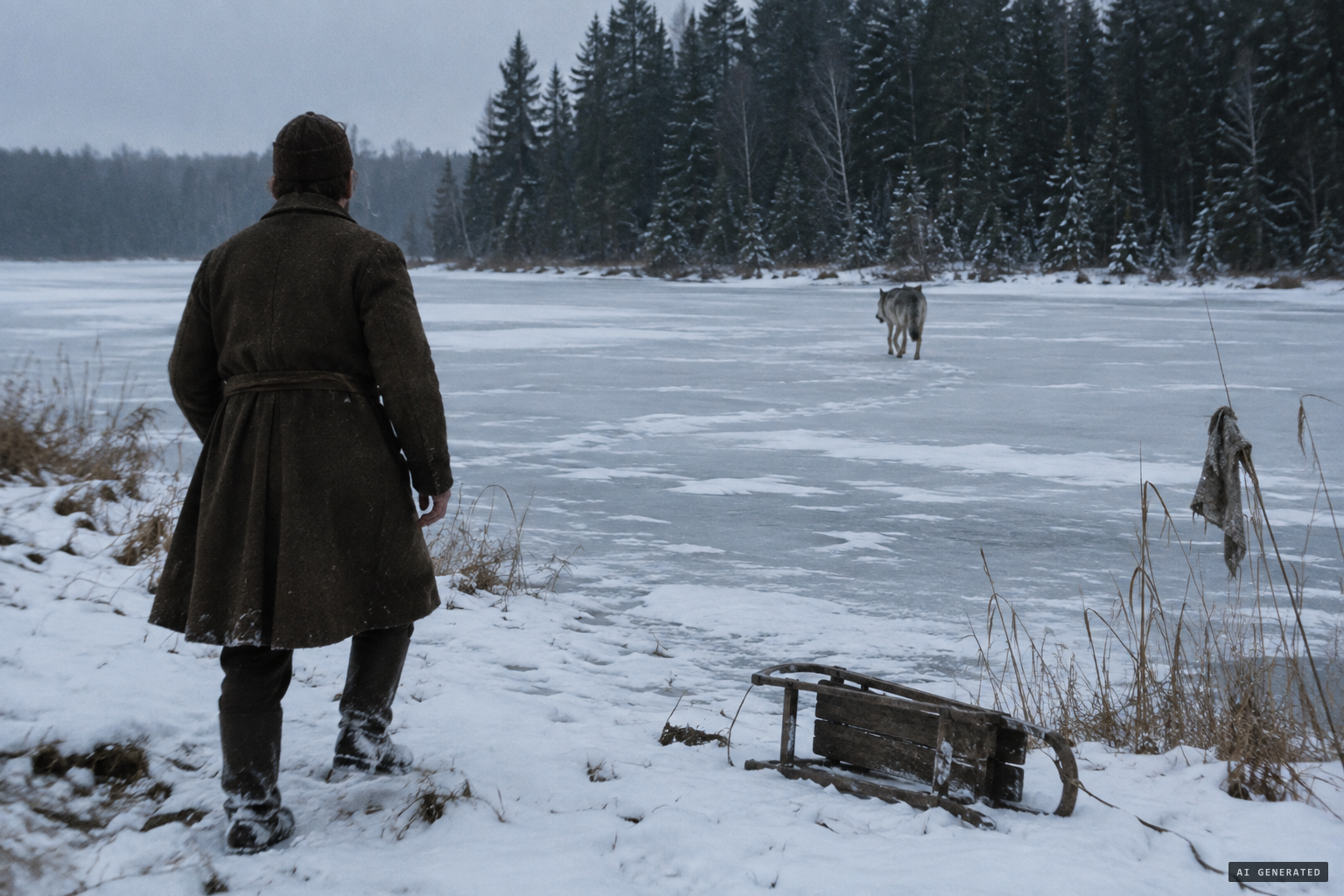 The wolf seizes a little boy and runs toward the forest edge