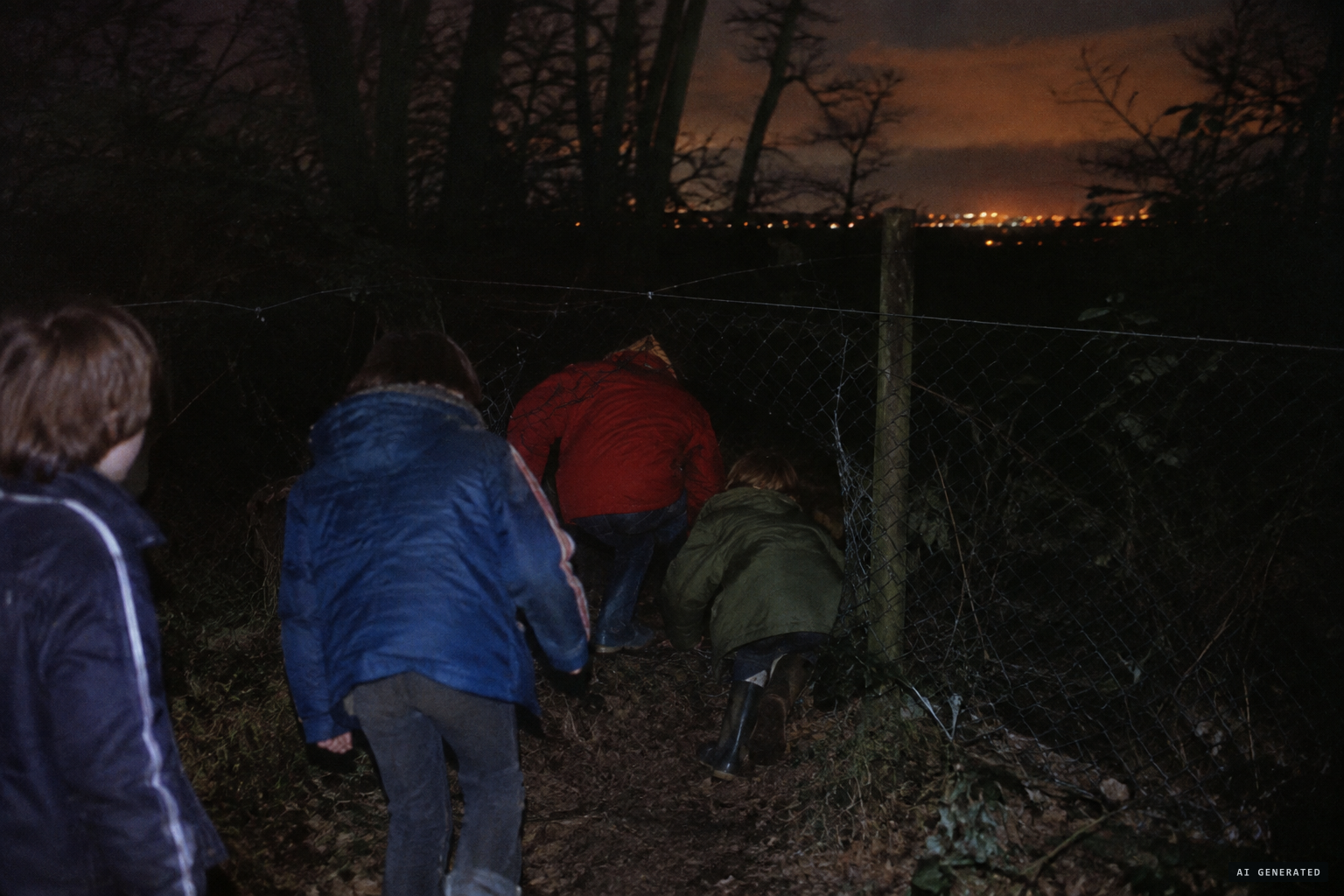 About 8 pm, fully dark, the children slip through a hole in the fence
