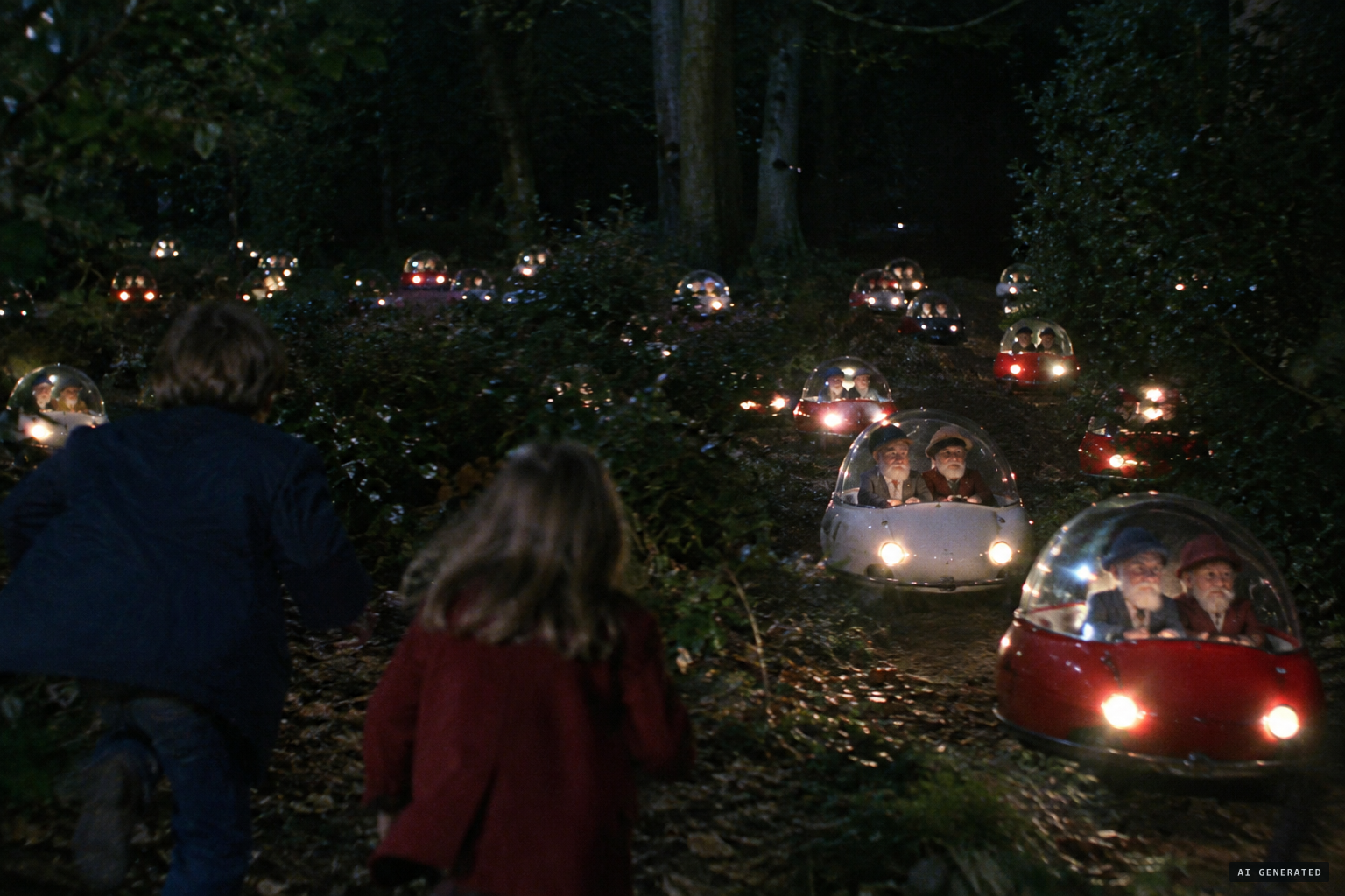 About 60 little men in 30 bubble cars come out of the bushes
