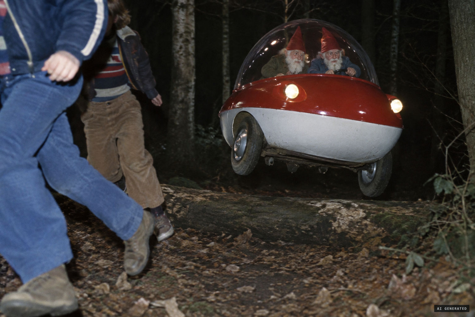 The silent cars, steered by leaning, jump over logs