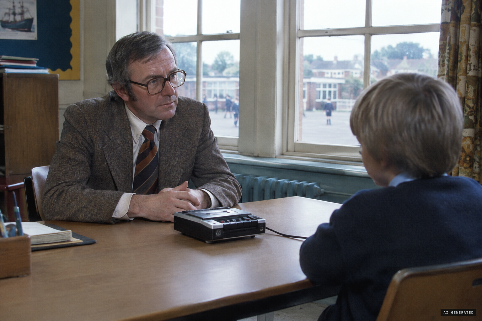Headmaster Robin Aldridge questions the children one by one and records them on cassette