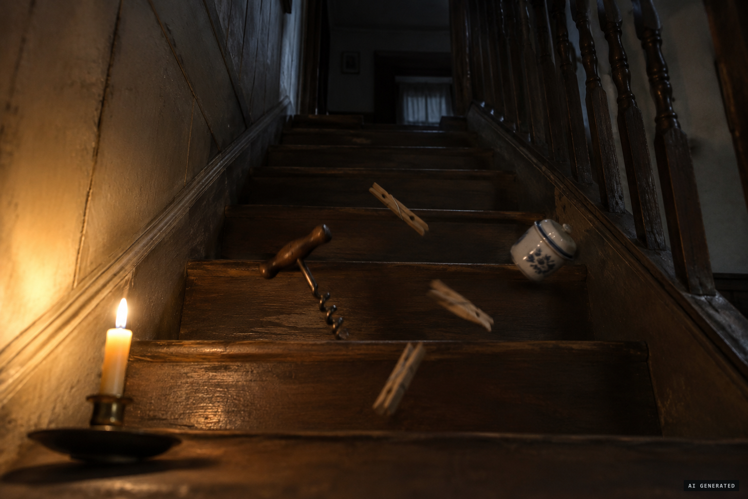 A corkscrew, clothes pegs and a salt cellar tumble down the kitchen stairs